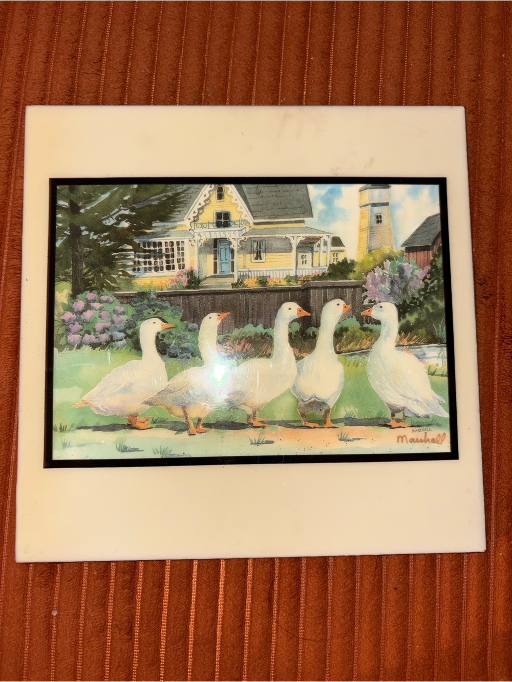 Vintage Marshall Goose Ducks Cottage Lighthouse Ceramic Art Tile